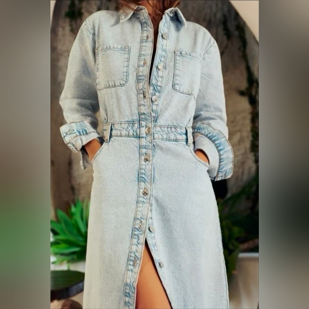 New Zara Z1975 Denim Midi Women Light Blue Dress Size Small